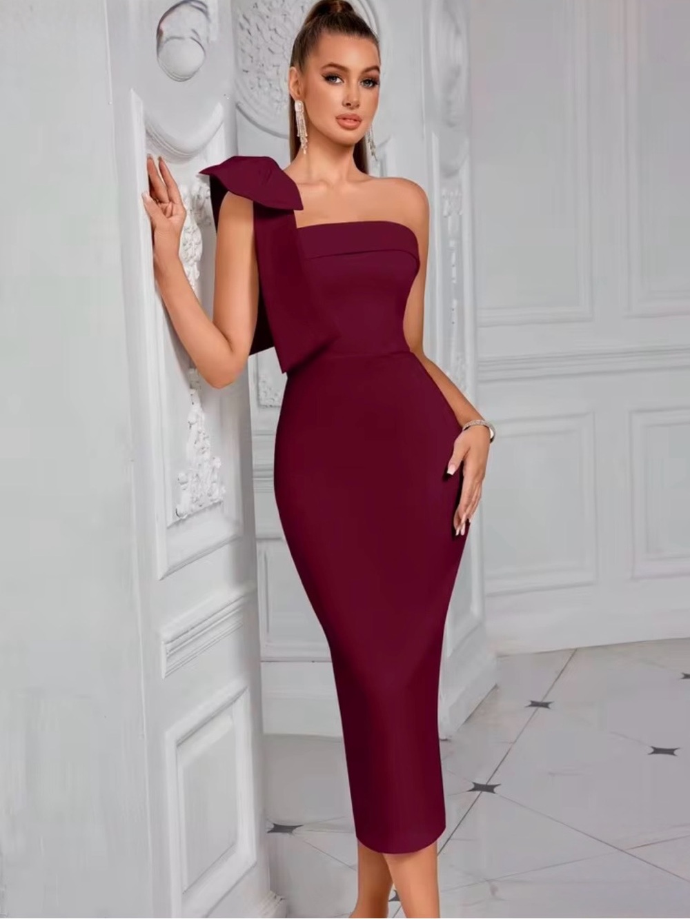 Adyce Burgundy One Shoulder Midi Dress Size S